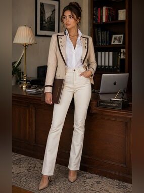 White House Black Market Tan Military Jacket with Black Trim, & Tie Belt, Size 2